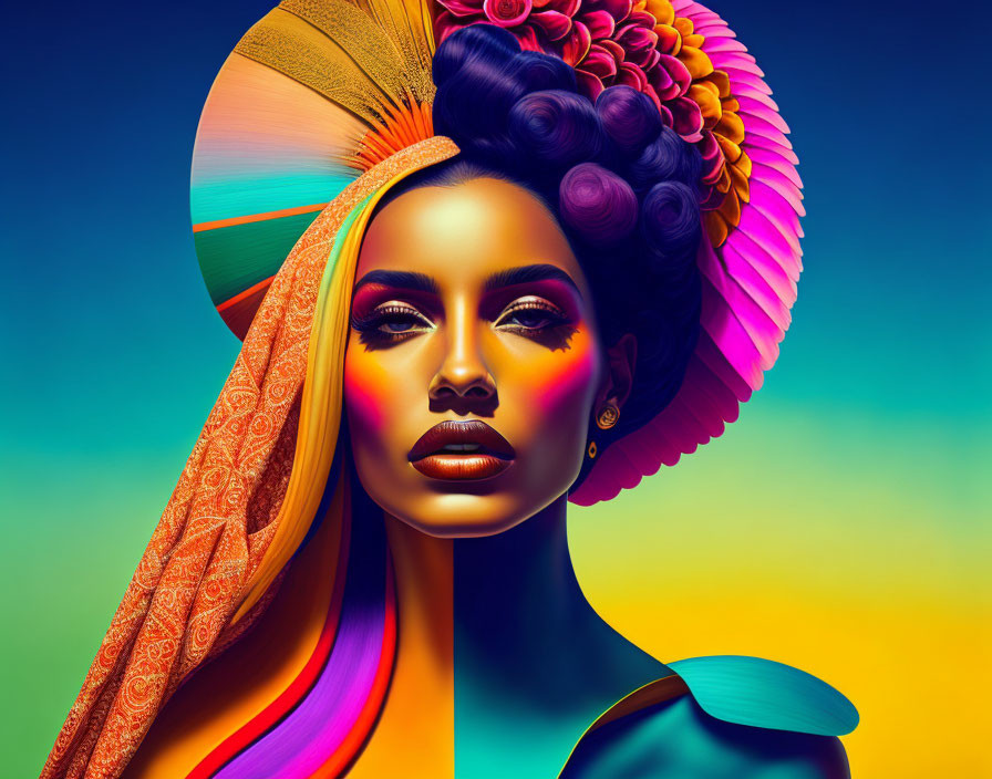 Colorful digital artwork: Woman with stylized makeup and headpiece