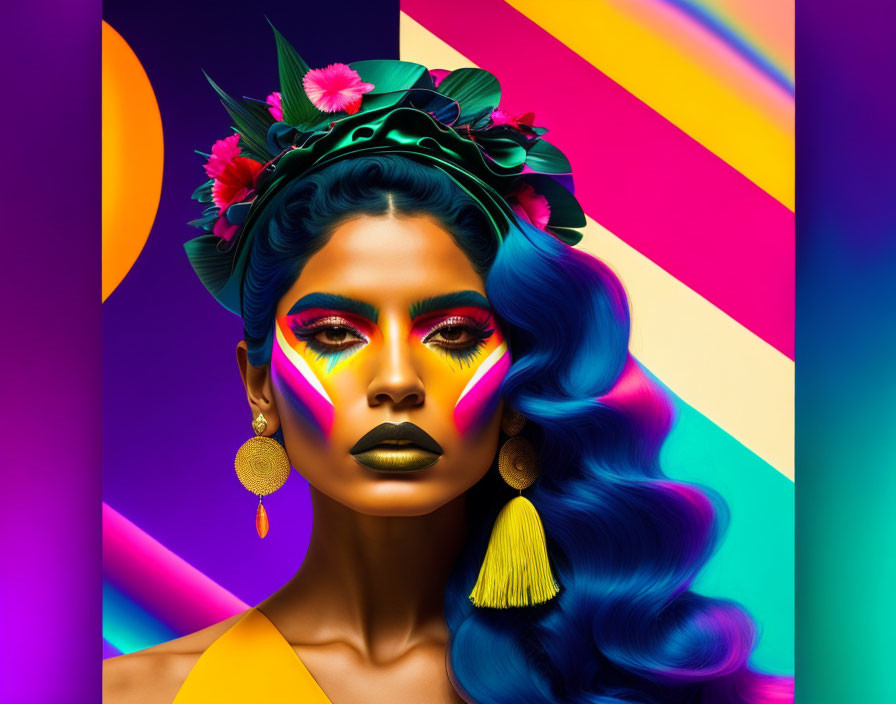 Colorful portrait of woman with blue hair and dramatic makeup against abstract backdrop