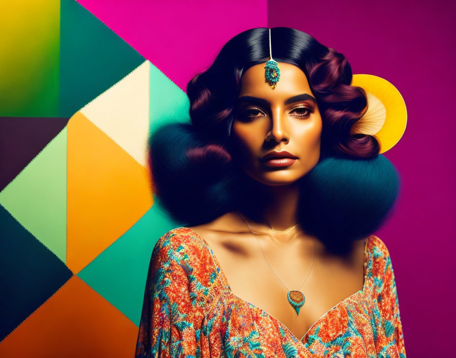 Woman with voluminous hair and traditional jewelry on colorful geometric backdrop