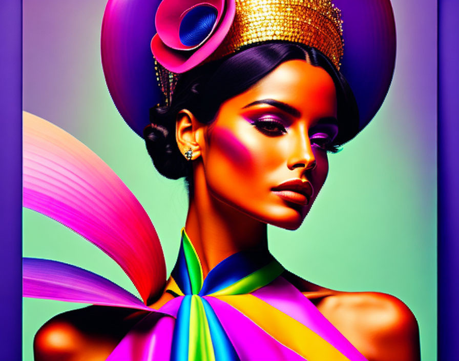 Colorful digital portrait of a woman with abstract hat and makeup in neon hues