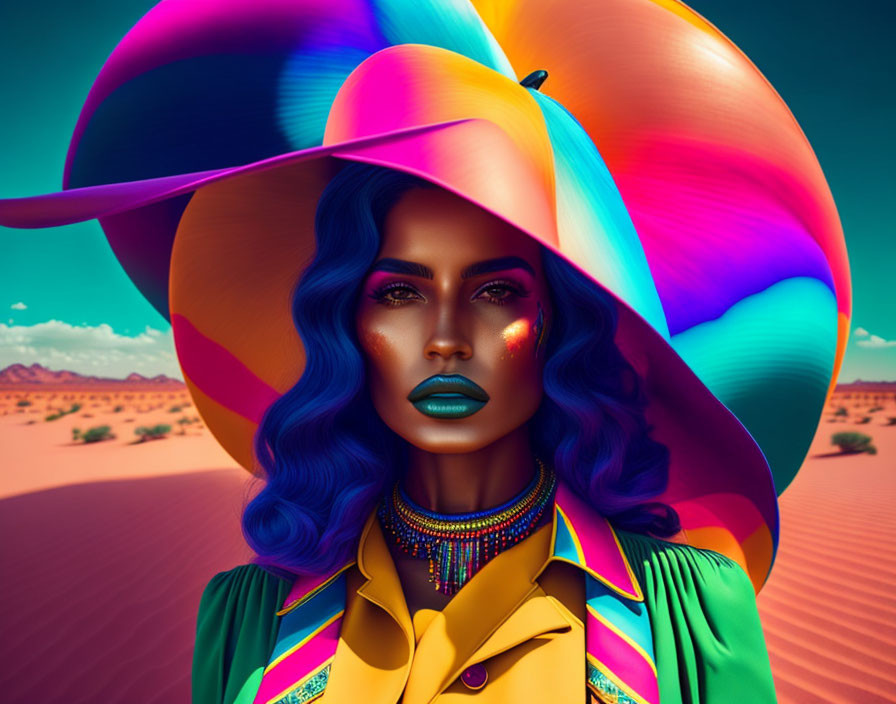 Colorful digital artwork: Woman with blue hair and multicolored hat in surreal desert.