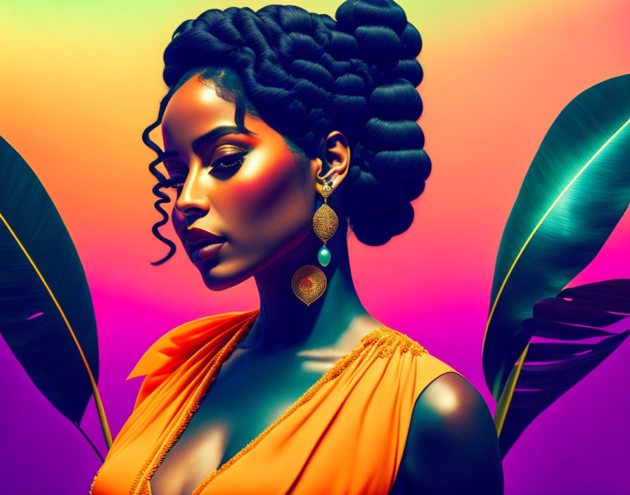 Elaborate braid, striking makeup, gold earrings on woman against vibrant background with tropical leaves