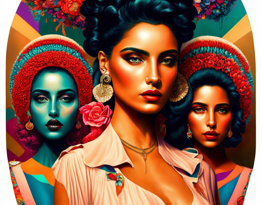 Colorful makeup and headdresses on stylized women against vibrant backdrop