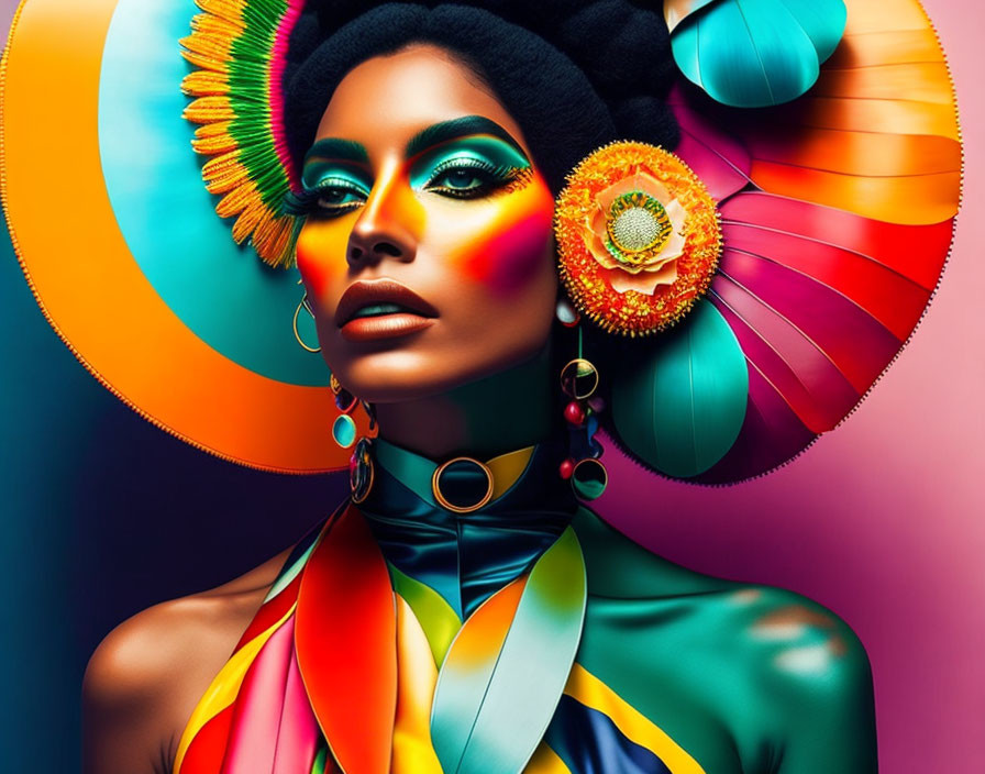 Colorful woman with vibrant makeup and accessories on gradient background