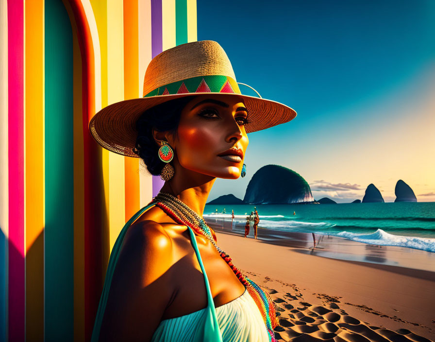 Woman in Wide-Brimmed Hat by Colorful Beach Huts at Sunset