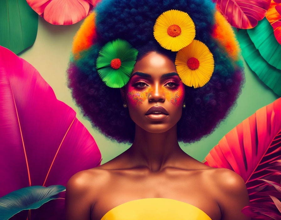 Colorful Afro Woman Surrounded by Tropical Leaves and Vibrant Flowers