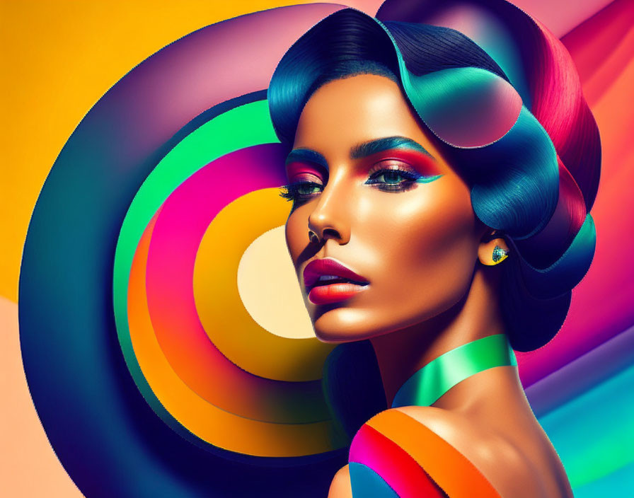 Vibrant makeup and wave-like hair in colorful portrait