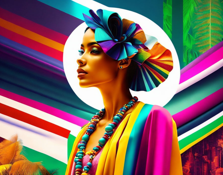 Vividly colored digital artwork of woman with stylish headpiece and dramatic makeup