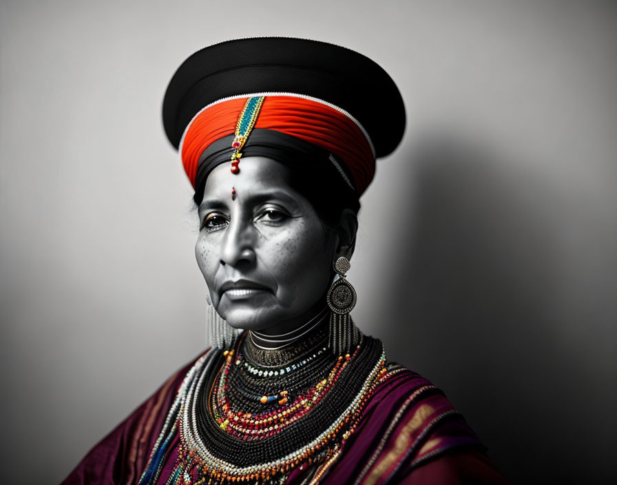 Traditional Attire Woman with Vibrant Headwrap and Jewelry