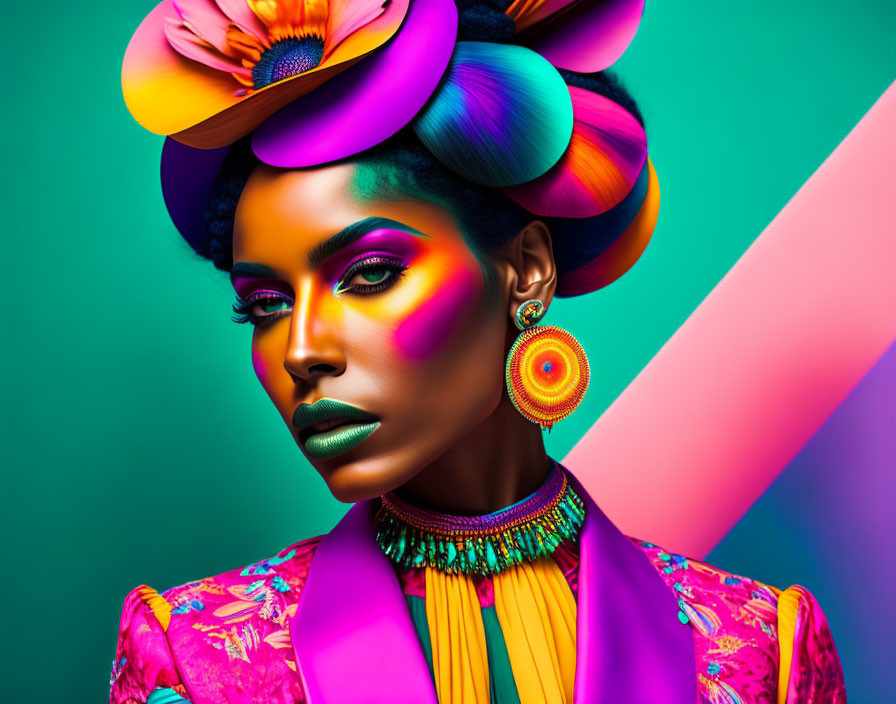 Colorfully dressed woman with bold makeup on green and pink gradient backdrop