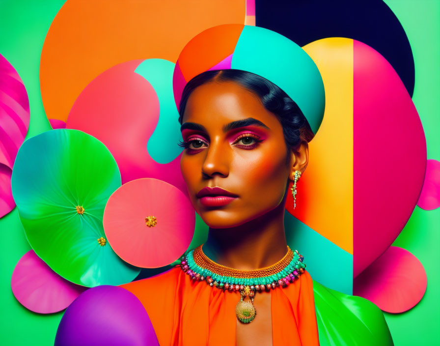 Colorful Woman with Bold Makeup in Orange Dress and Jewelry against Vibrant Background