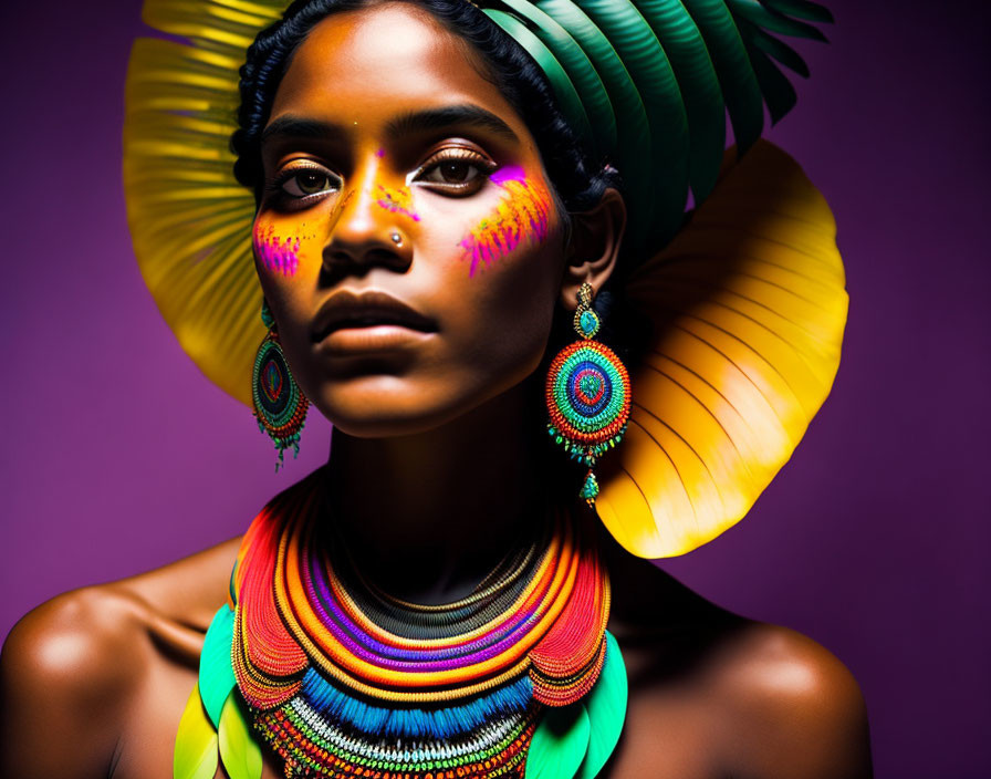 Colorful makeup and accessories on woman with purple backdrop