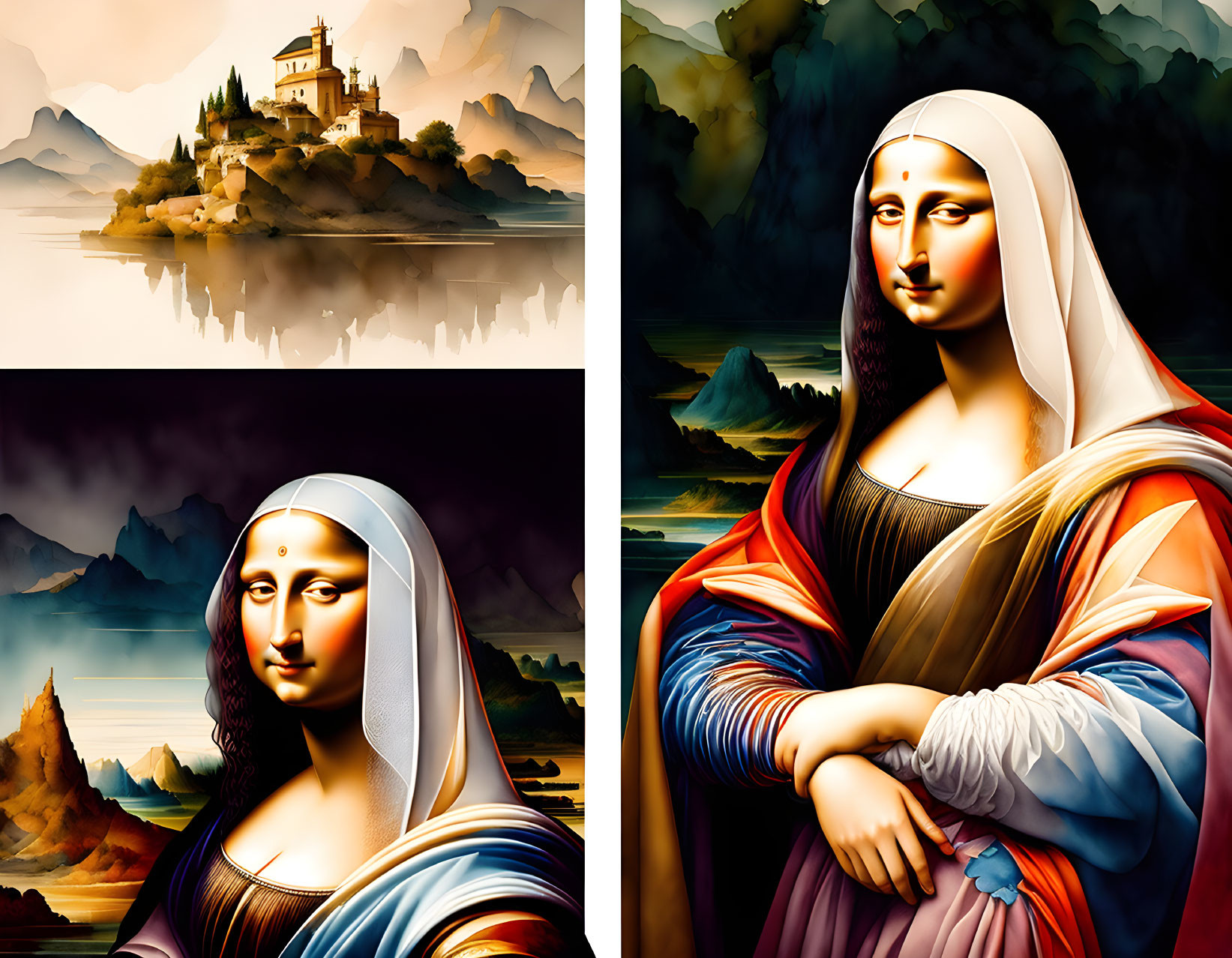 Contrasting landscape with monastery and stylized Mona Lisa portrait