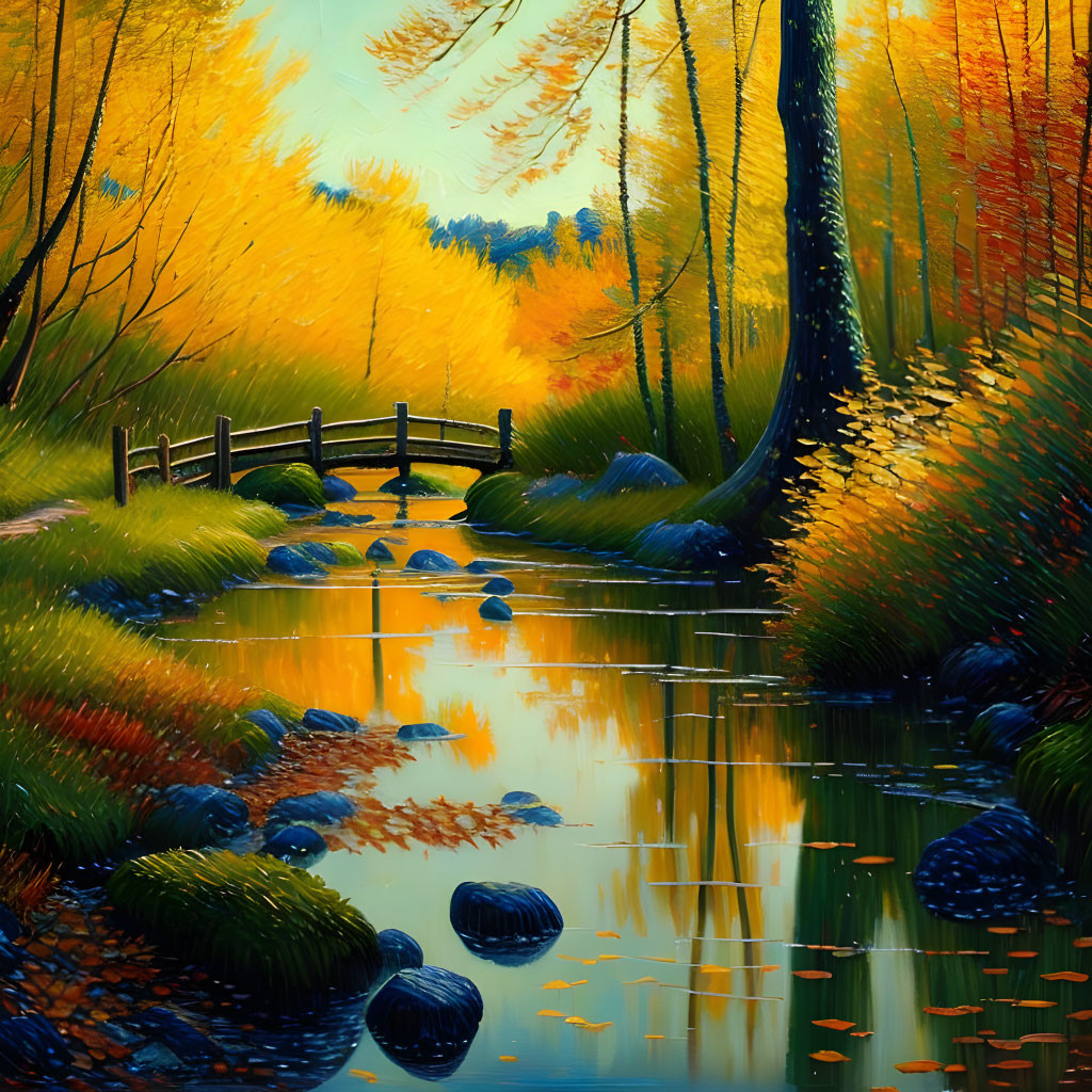 Tranquil stream and wooden bridge in vibrant autumnal setting