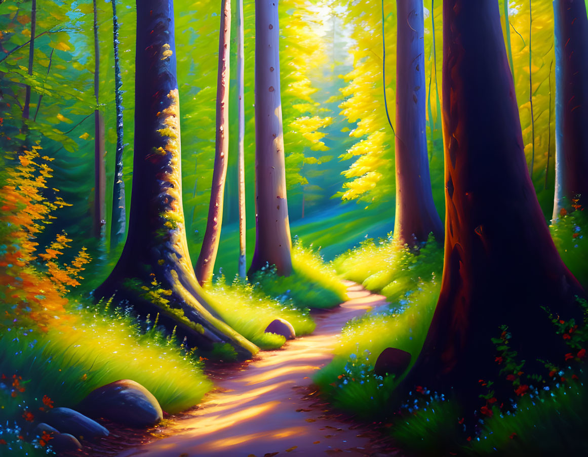 Scenic forest path with sunlight filtering through trees