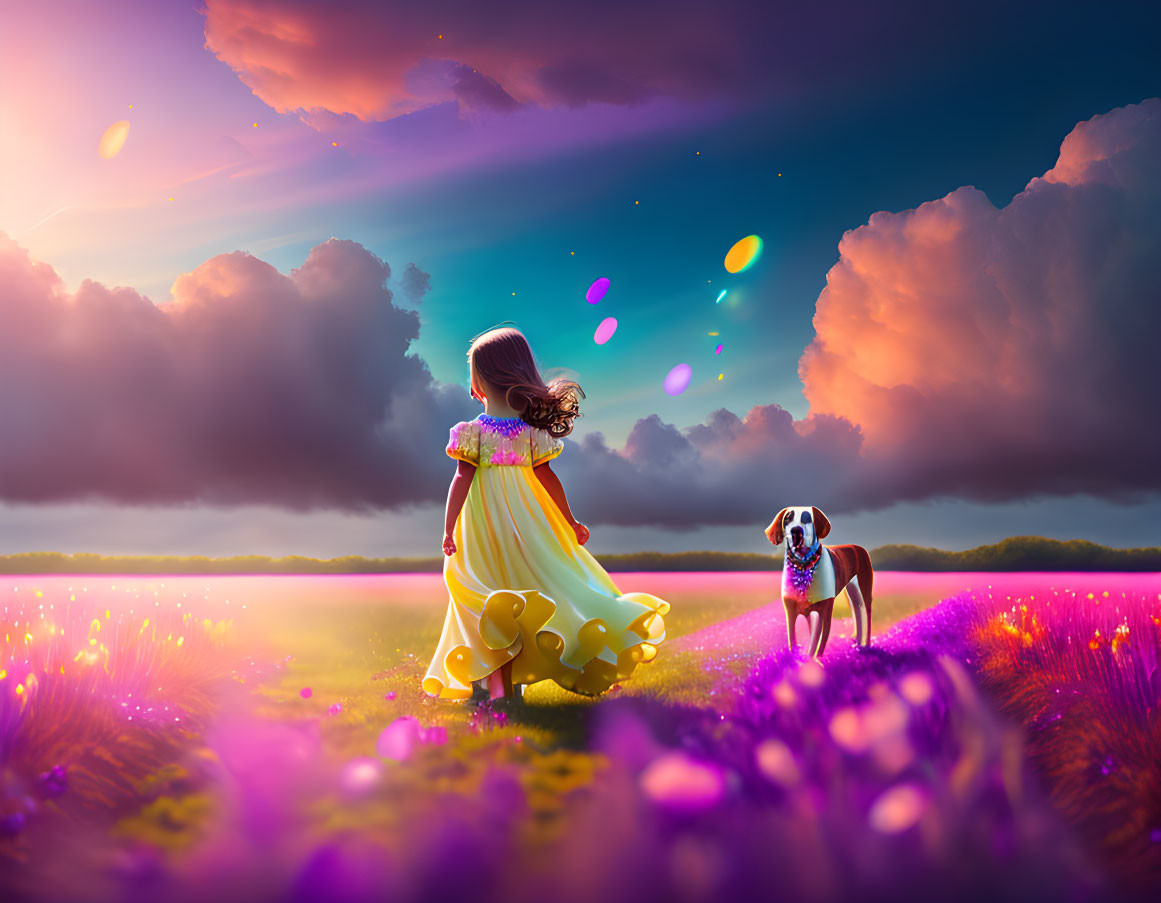 Girl in Yellow Dress with Dog in Purple Flower Field at Colorful Sunset