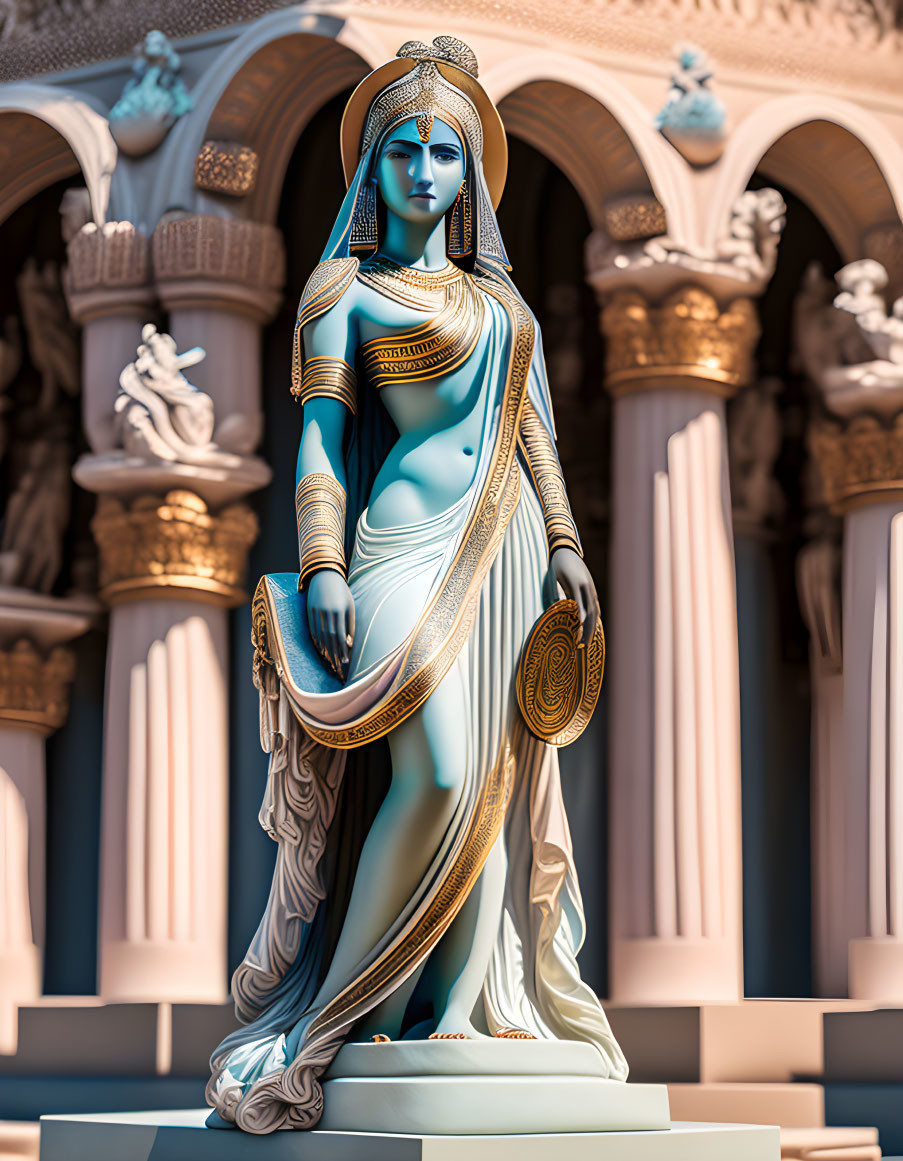 Blue-skinned female figure in traditional Indian attire against ornate temple backdrop