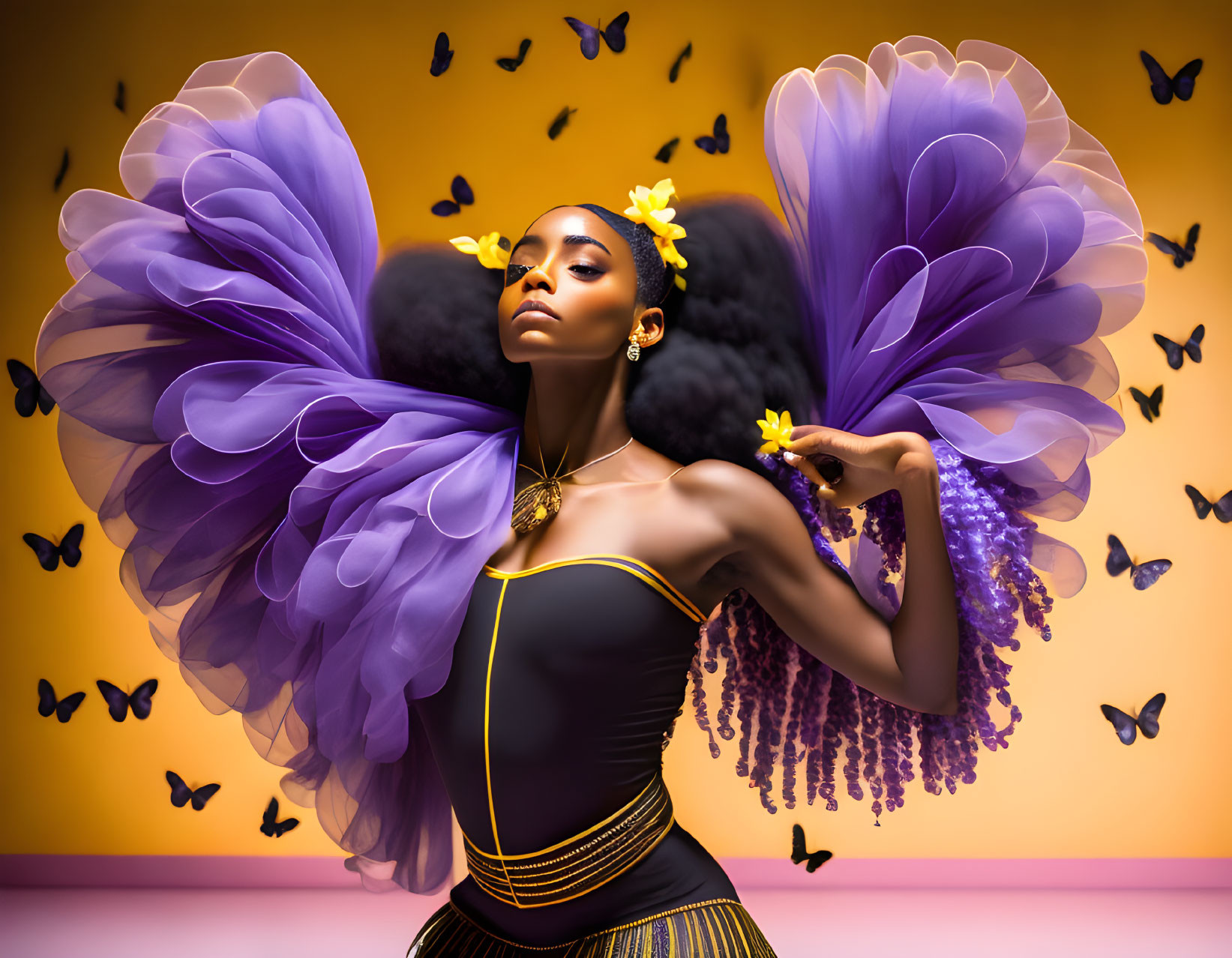 Woman in Dramatic Purple Ruffled Attire with Golden Accessories and Yellow Flowers on Yellow Background