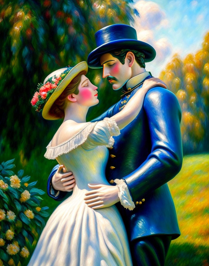 Romantic couple in white dress and blue suit embrace in colorful garden