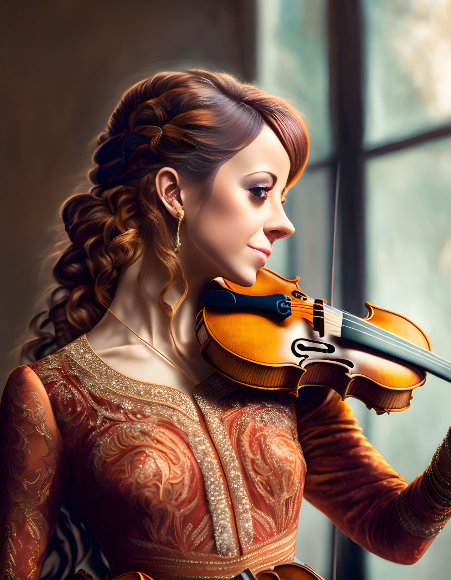 Detailed digital illustration: Woman with ornate dress playing violin