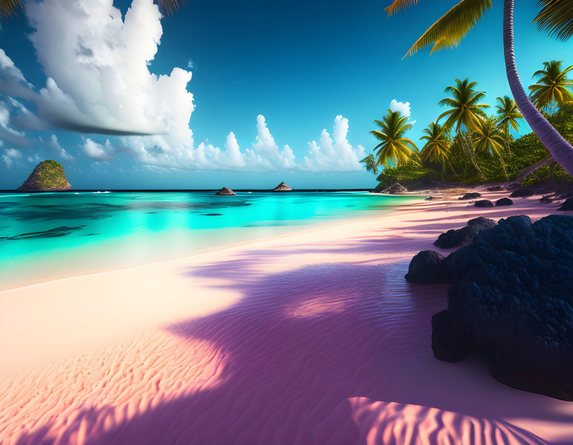 Pink sand beach with turquoise water, palm trees, volcanic rocks under blue sky