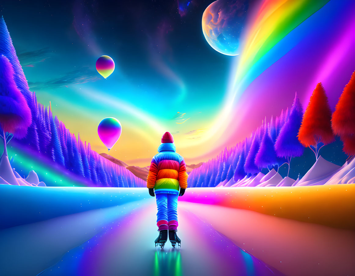 Colorful jacket skater in surreal neon landscape