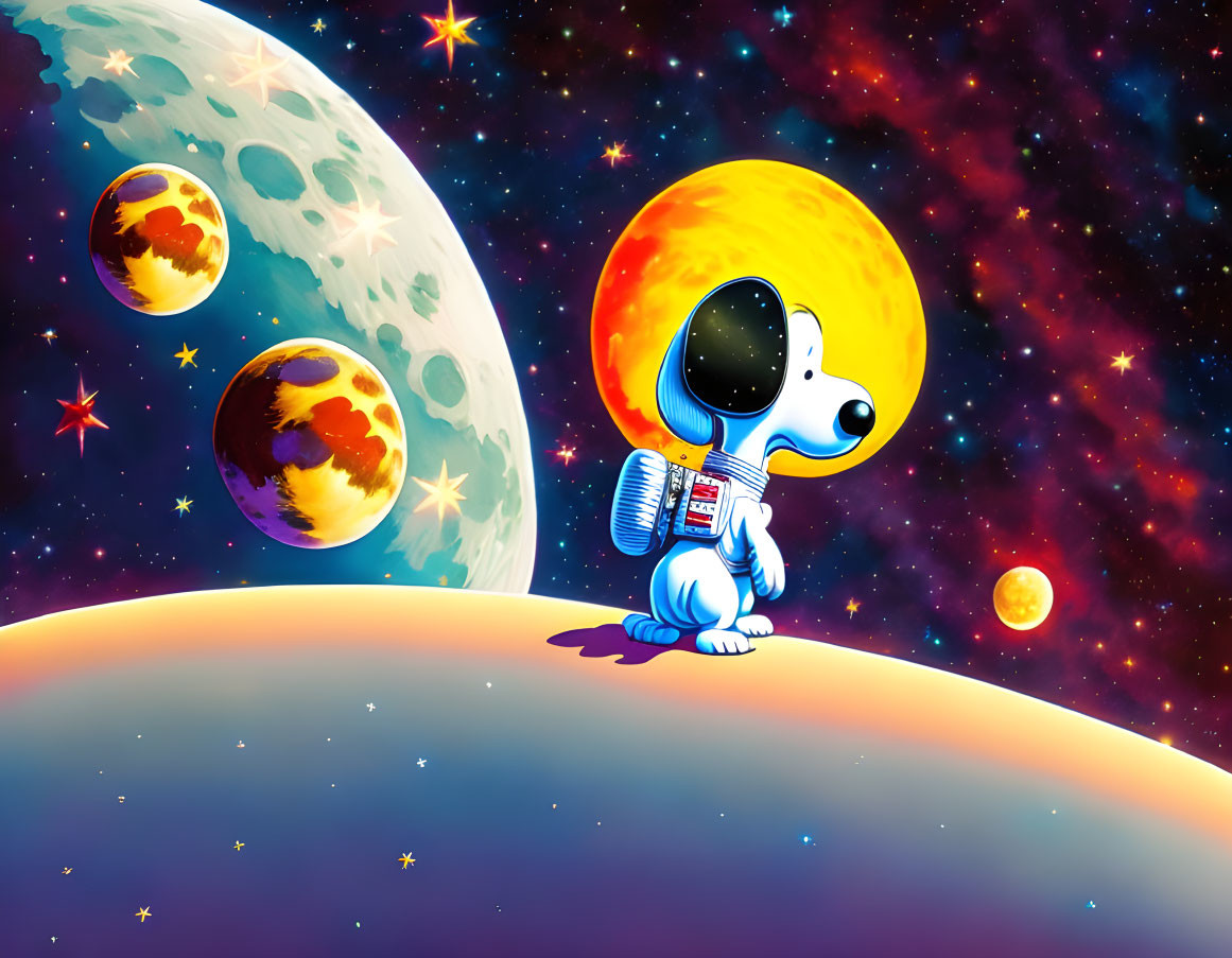 Cartoon Dog in Spacesuit on Colorful Planetary Surface