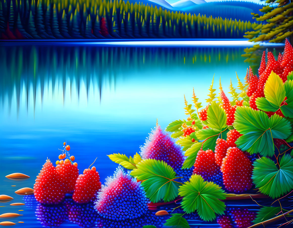 Colorful lakeside illustration with lush foliage and red berries.