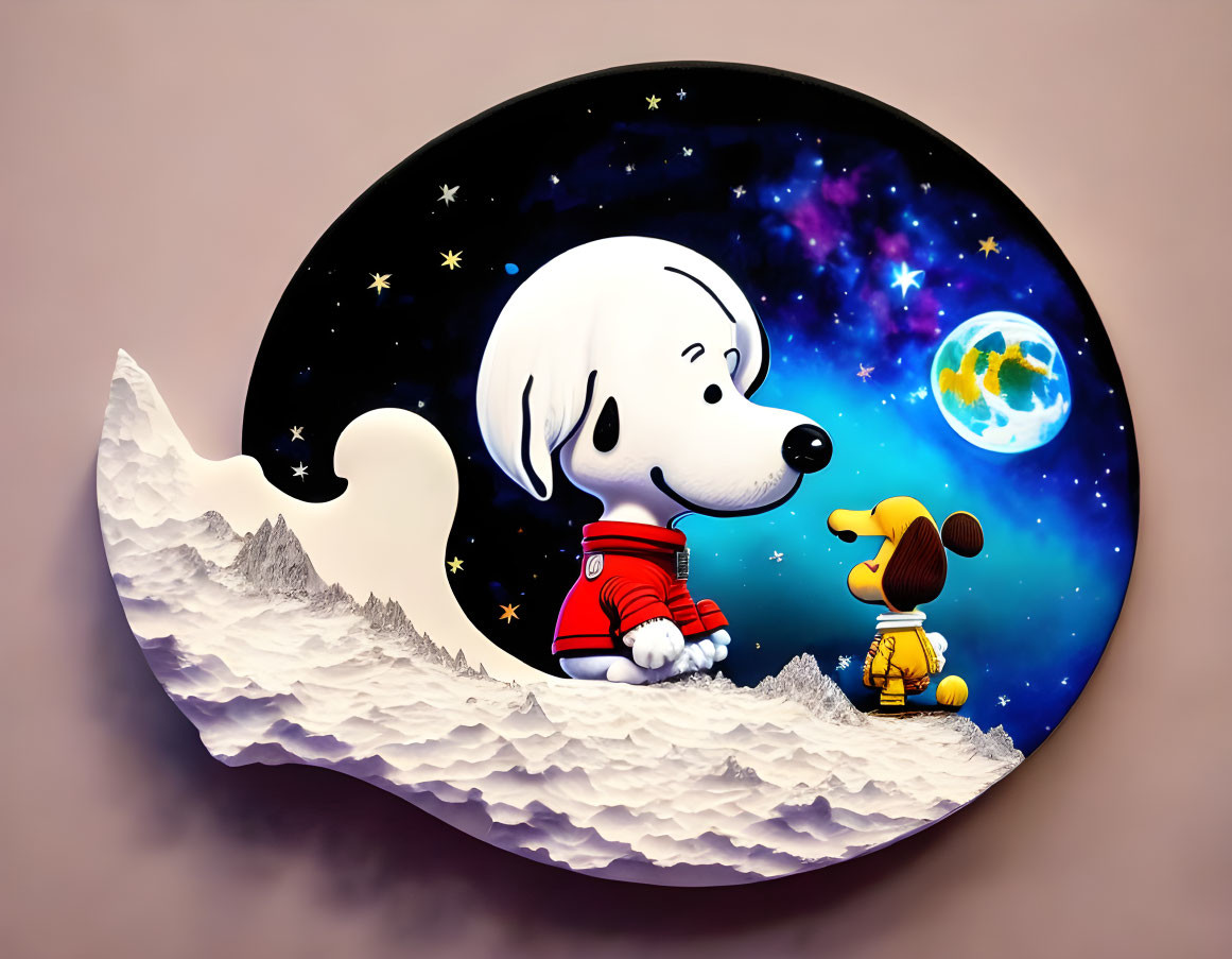 Stylized Snoopy and Woodstock in spacesuits on lunar landscape