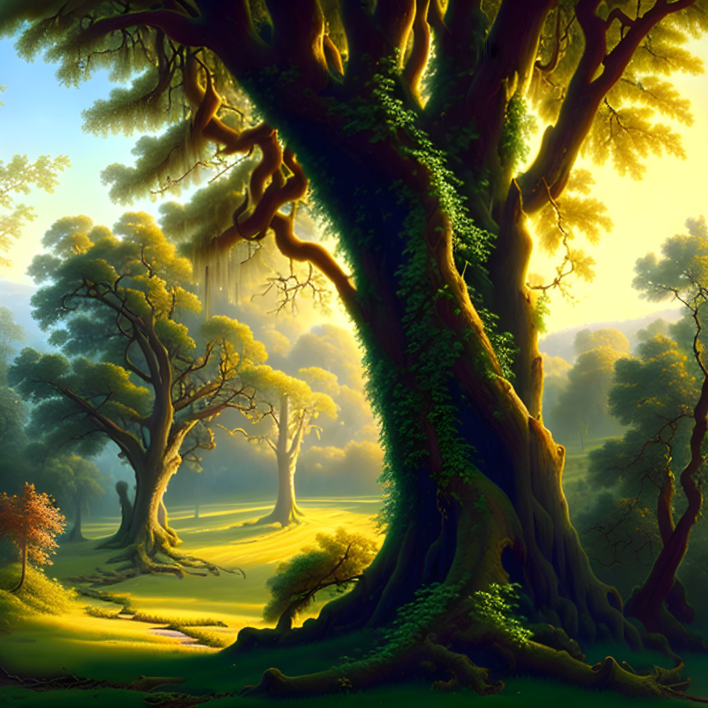 Majestic tree with thick branches in sunlit forest clearing