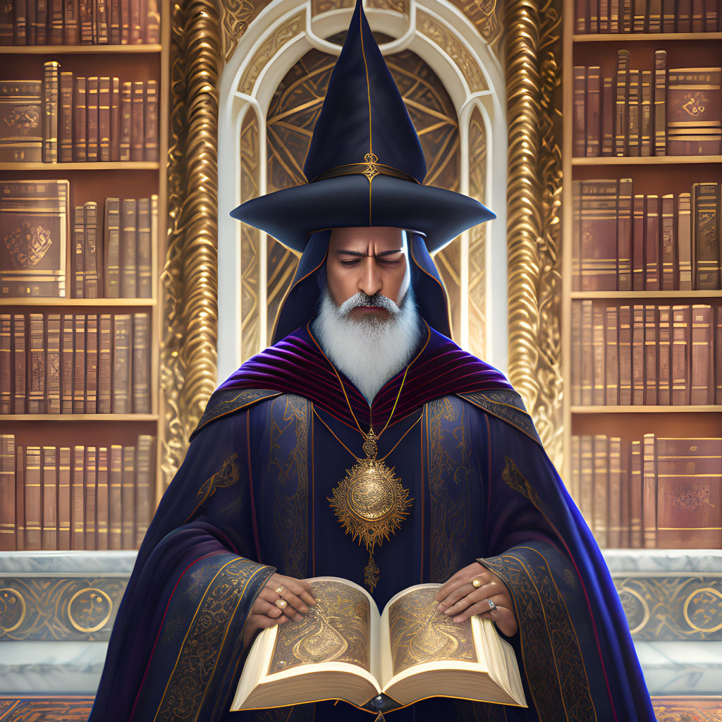 Bearded wizard reading magical tome in library with towering shelves