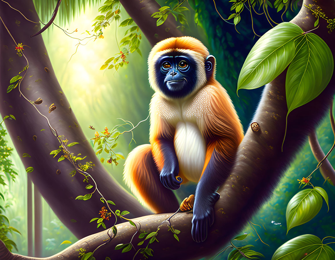 Colorful Monkey with Blue Facial Features in Green Forest