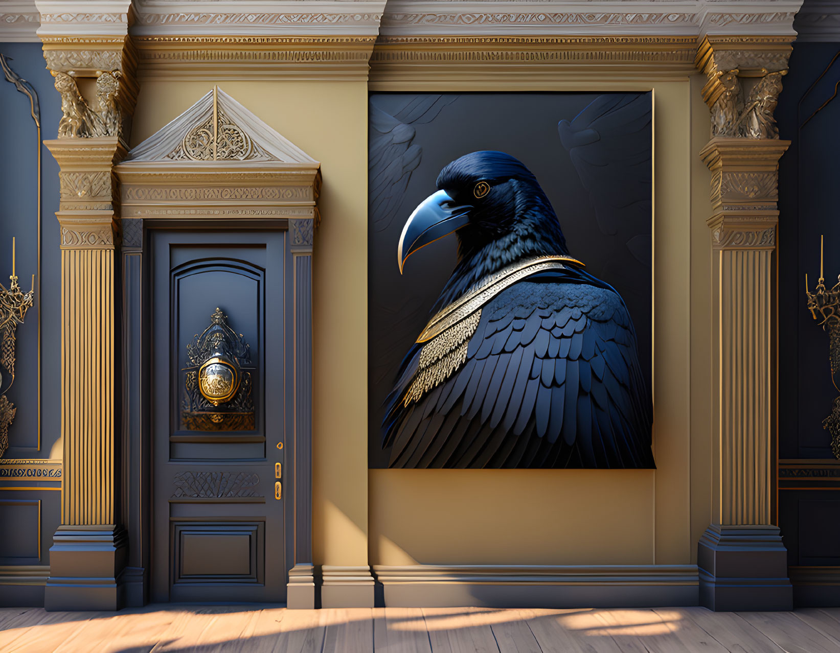 Classic Architecture Room with Realist Raven Painting