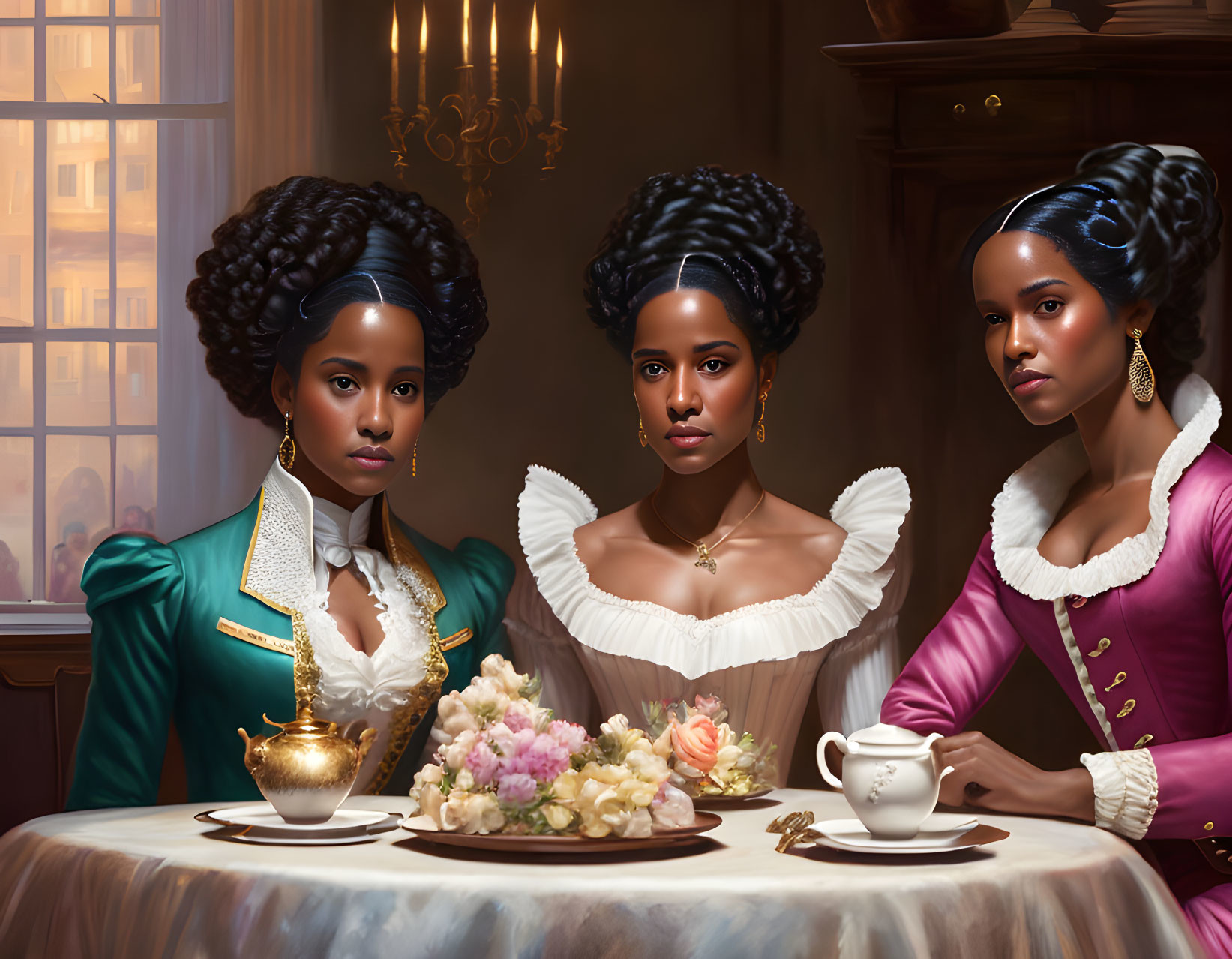 Vintage Attired Women with Elaborate Hairstyles Enjoy Tea at Table