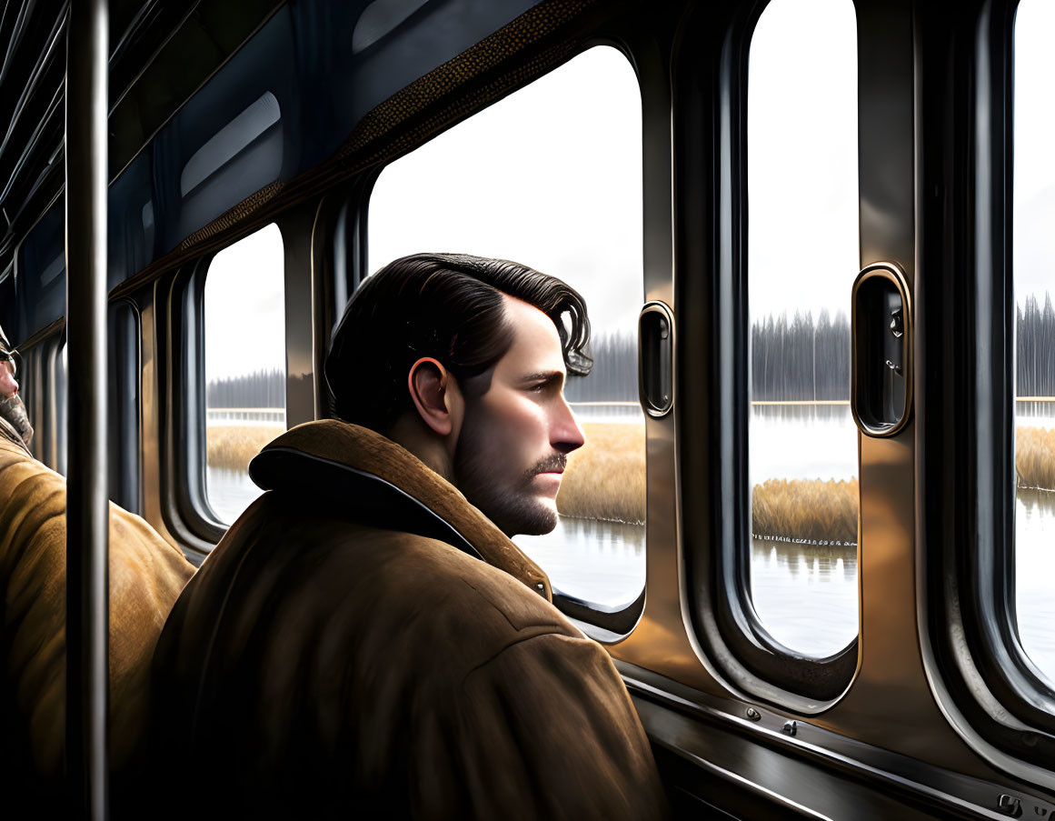 Man in brown jacket gazes out train window at calm lake landscape