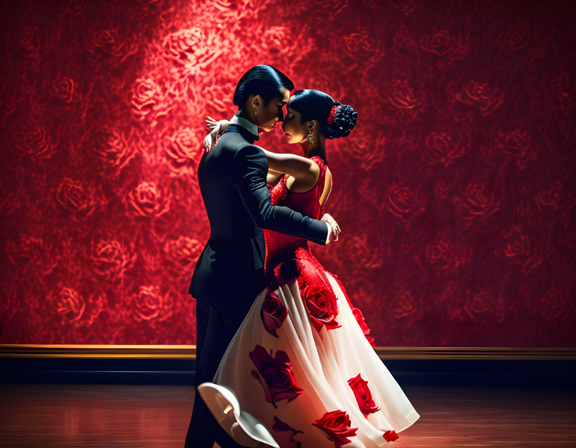 Couple in formal attire dancing against red backdrop