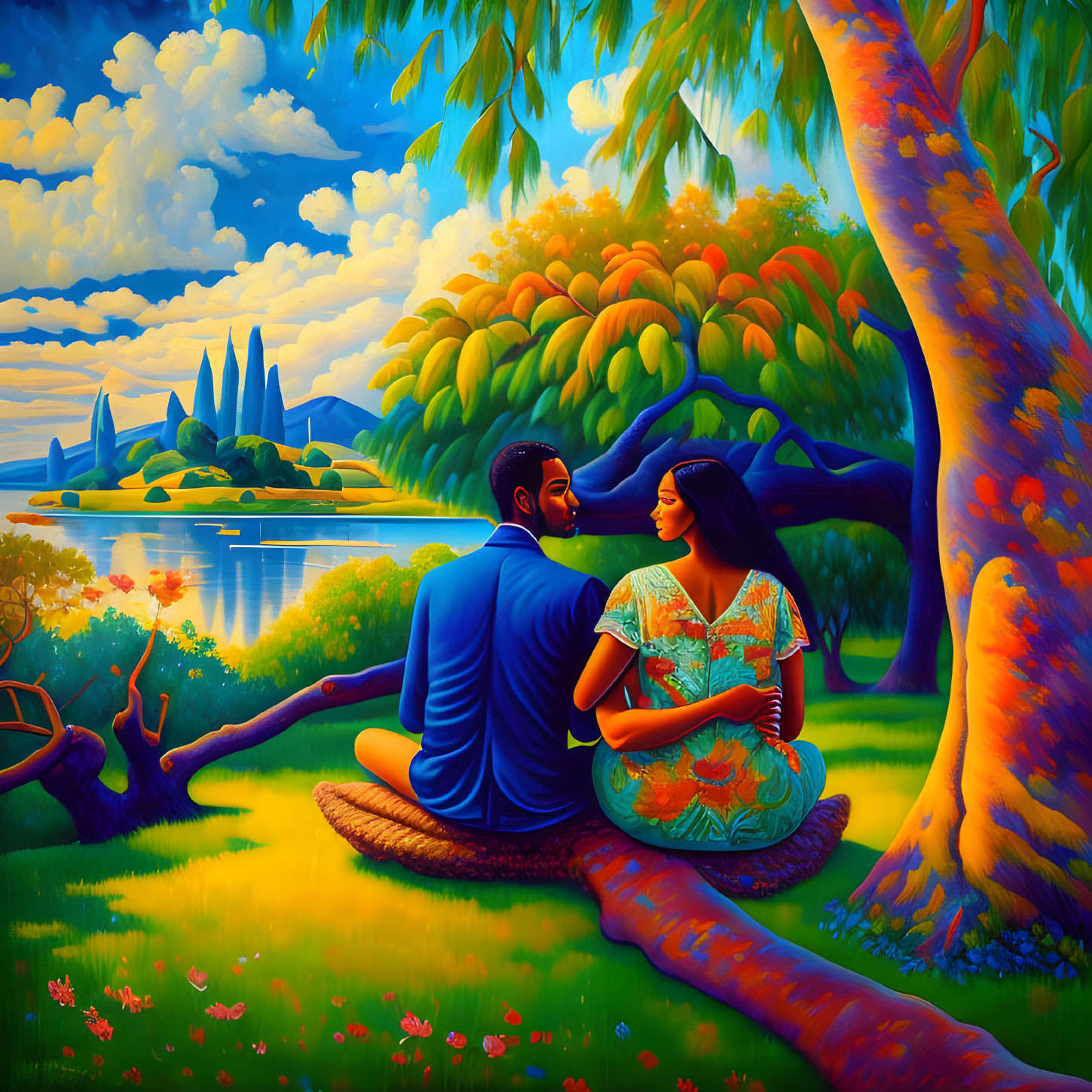 Romantic couple under fruit tree by serene lake at sunset