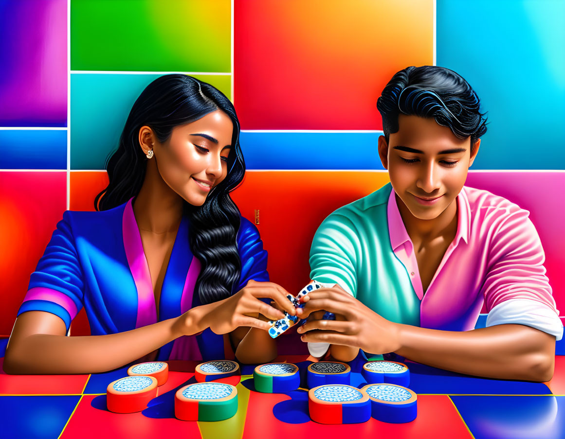 Colorful image of man and woman building with plastic bricks