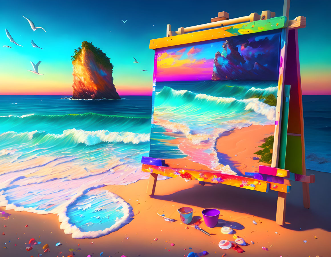 Vibrant beach scene painting on easel with waves, rocks, seagulls, and painting