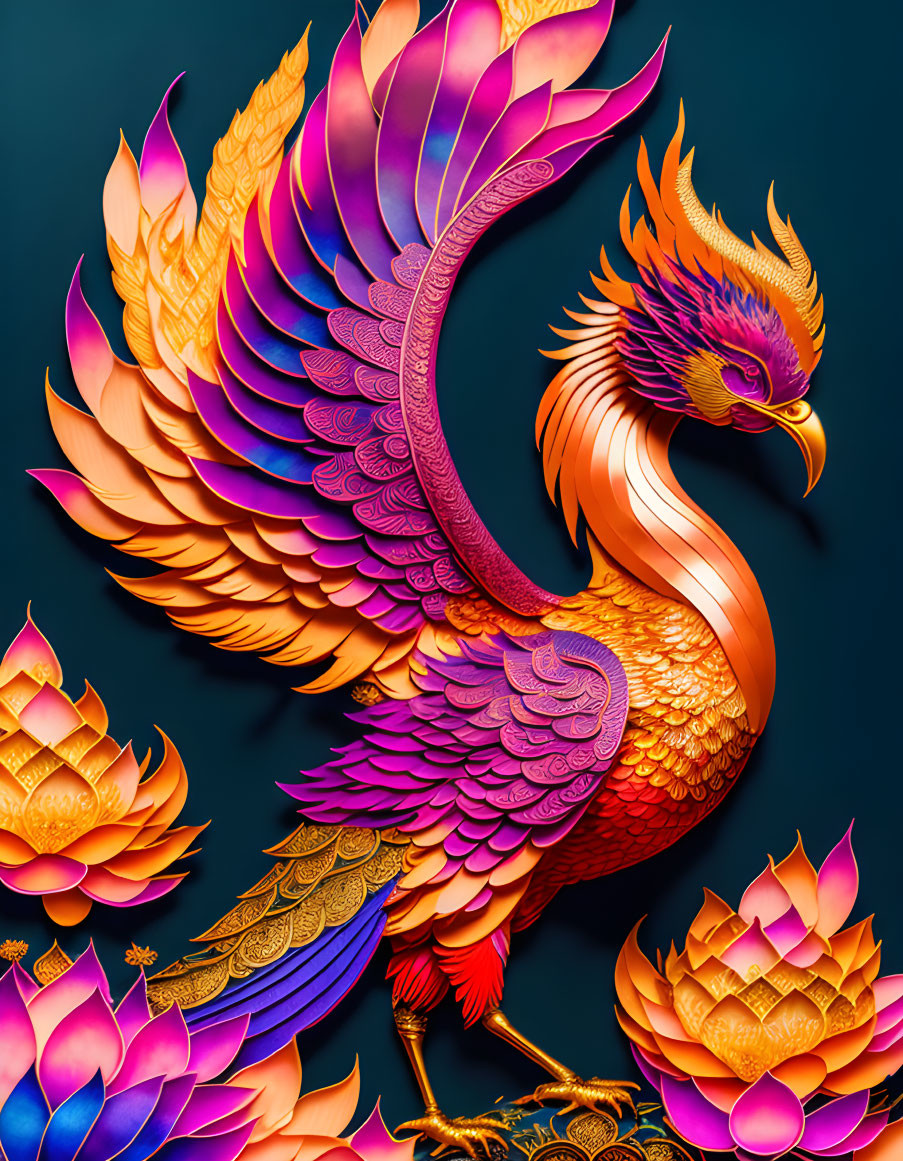 Mythical phoenix illustration with vibrant plumage on teal background