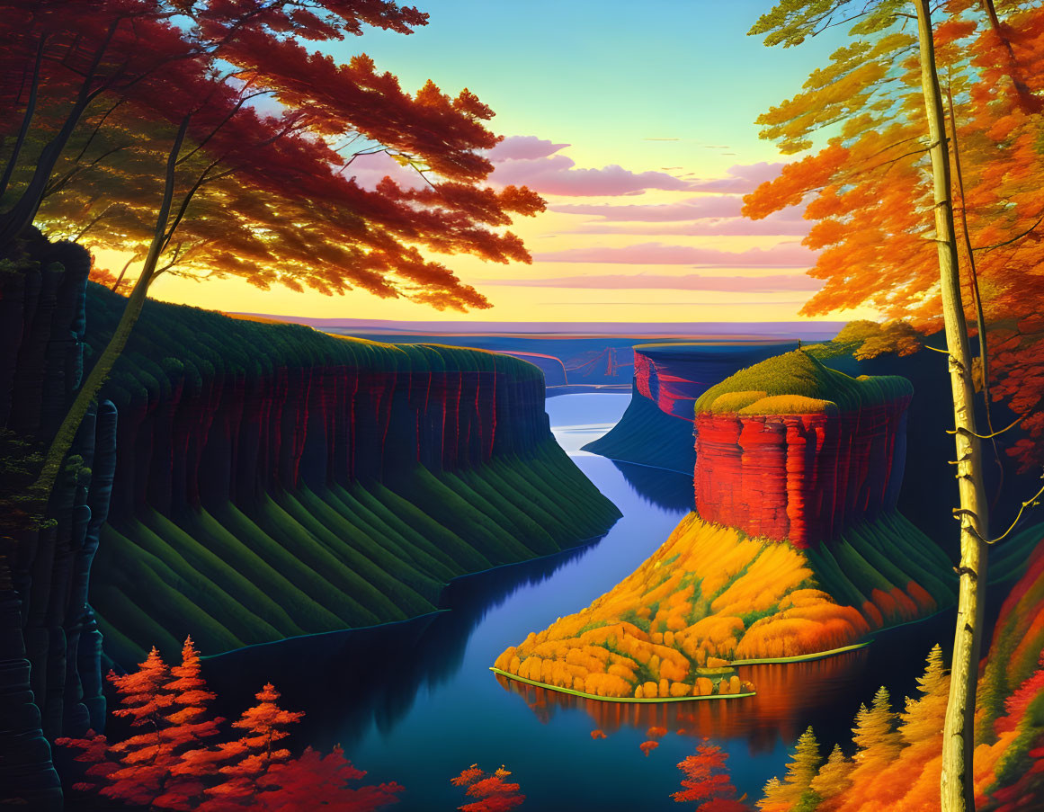 Colorful autumn landscape with river, layered cliffs, and fall foliage in soft sunset light