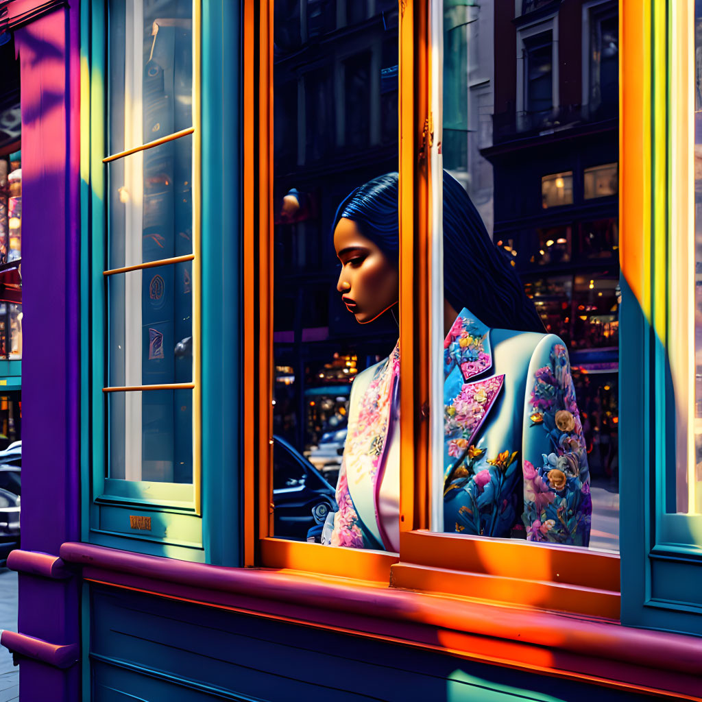 Mannequin with dark hair & floral blazer in vibrant shop window