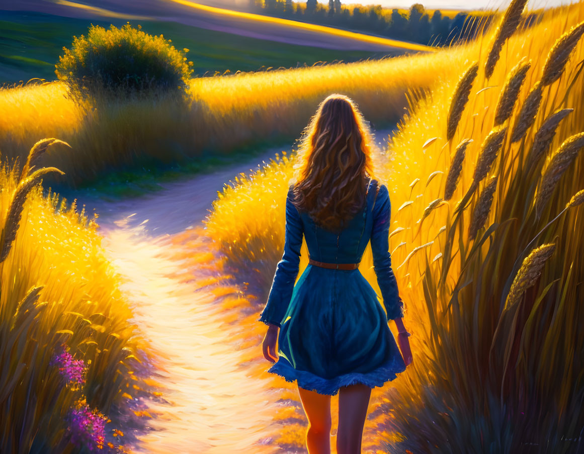 Woman in Blue Dress Walking Through Golden Wheat Field at Sunset