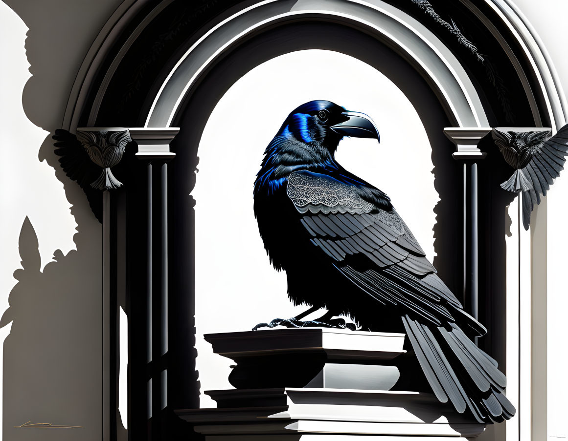 Detailed Illustration: Raven on Books by Arched Window