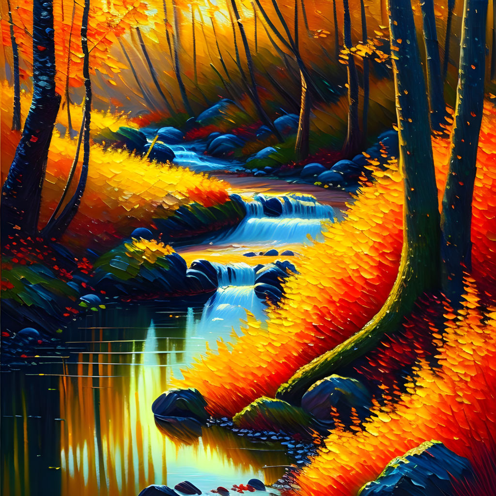 Colorful autumn forest with cascading stream and radiant trees in warm light