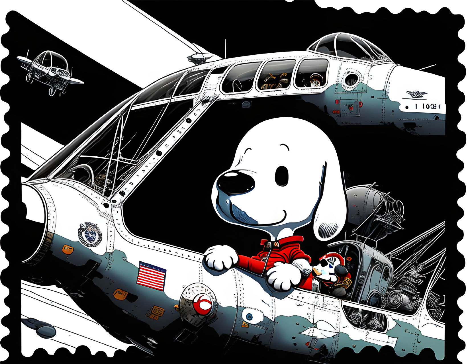 Cartoon beagle pilot with vintage aircraft and aviation theme.