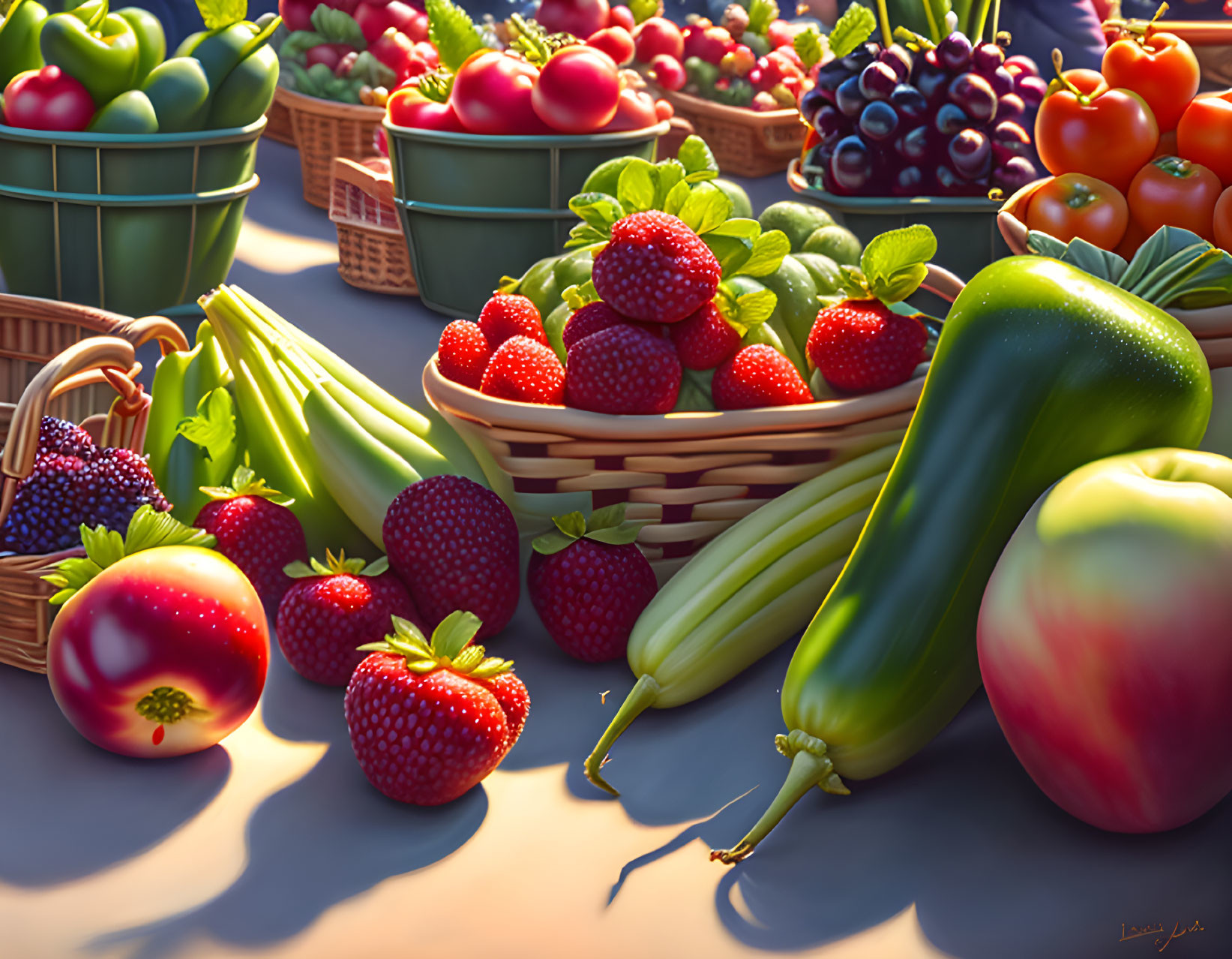 Assorted fresh fruits and vegetables: strawberries, tomatoes, grapes, zucchinis, green bell