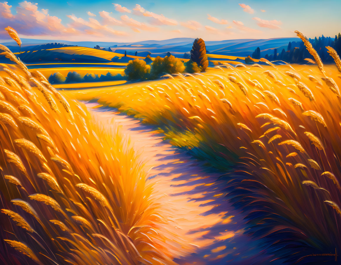 Golden wheat fields painting with rolling hills and blue sky