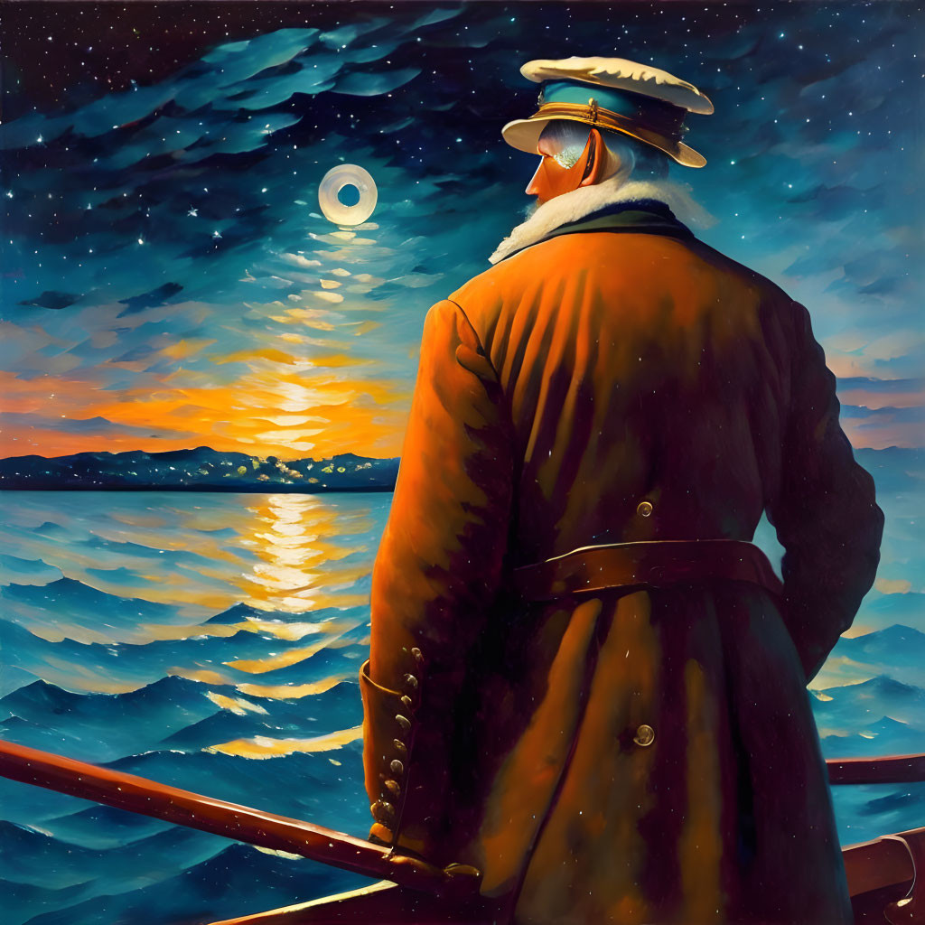 Naval uniform figure gazes at surreal sea under gradient sunset and moon reflecting sunlight.