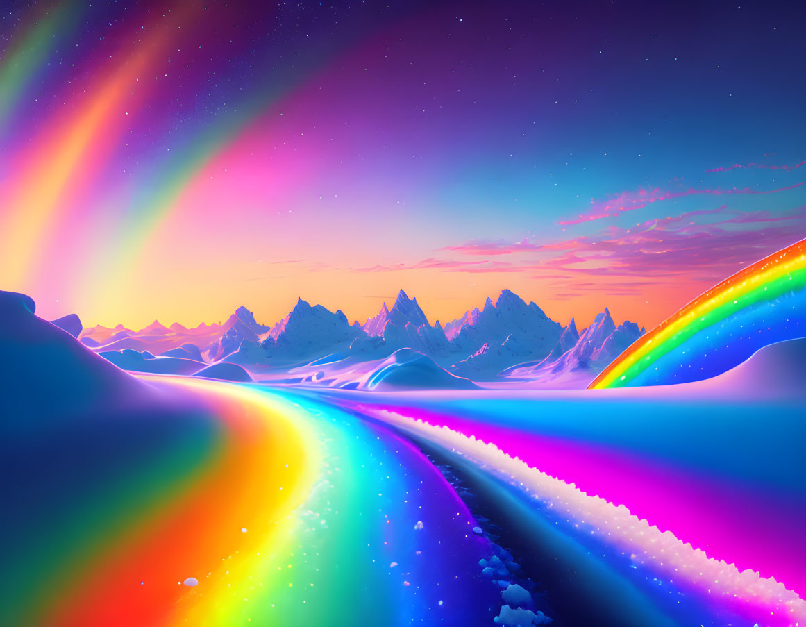 Colorful Aurora Over Snowy Mountain Landscape with Rainbow Road